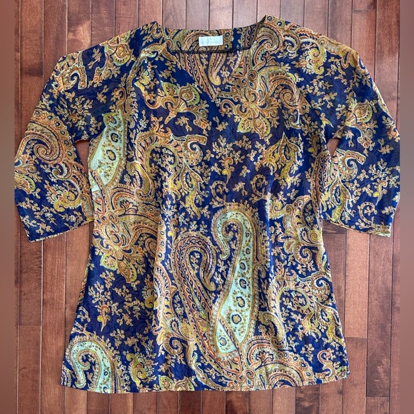 Soft Surroundings Tops - Soft Surroundings Sheer Navy and Gold Paisley Tunic Blouse Size 1X